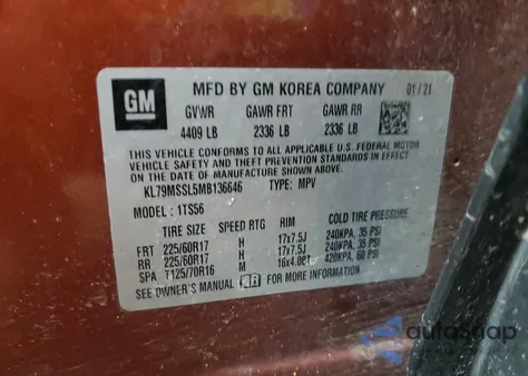 2021 Chevrolet Trailblazer Activ z USA, uszkodzony, nr VIN KL79MSSL5MB136646